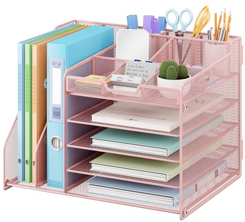 Lavatino 5-Tier Desk Organizer with 2 File Holders, Metal Adjustable Paper Letter Tray for Office or Home Desk Organizers and Accessories | 7 Flexible Dividers Keep Workspace Supplies Neat, Pink