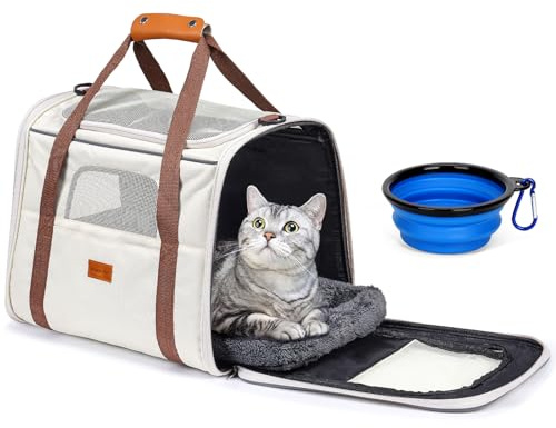 Morpilot Sac Transport Chat Chien, Caisse de Transport Chat Respirant et Pliable Cage Transport Chat avec Matelas en Peluche Amovible + Bol (Accepté au Maximum 15lbs/7kg，44 * 31 * 34cm)