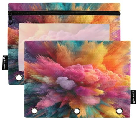 J JOYSAY Explosion Pigment Cloud Colorful Pencil Pouch for 3 Ring Binder Pencil Case Box with Smooth Zipper Clear Window Pen Bag for School Class Office College Supplies 2 Pack
