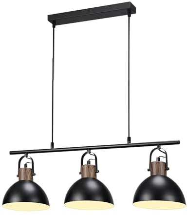 JR BRO Lámpara Colgante de Techo Industrial de 3 Luces E27, Pantallas Blancas con Detalles en Madera, Estilo Vintage Rústico para Cocina, Comedor, Isla o Barra (Negro)
