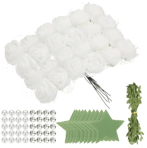 QUARKZMAN 504pci Teste Di Rosa In Schiuma, 1 Fiori Finti Artificiali Senza Stelo Con Foglie Perle Diamanti Per Accessori Fai Da Te, Bouquet Nuziali, Decorazioni Per La Casa, Bianco