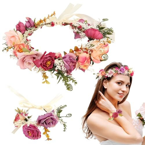 VZXQX Blumenkranz Haare Oktoberfest Damen, Rosen Braut Haarschmuck Hochzeit Haarreif Dirndl Boho Blumenkrone mit Armband, Blumenstirnband Verstellbarer Blumenhaarreife für Karneval Hawaii Party Strand