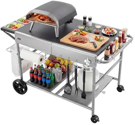 VEVOR Carrello per Griglia da Esterno da 925 x 595 x 25 mm, Tavolo da Cucina Mobile con 4 Contenitori per Spezie, Ruote, Coperchi, Ganci, Tavoli per la Preparazione del Barbecue per Cucina, Cortile