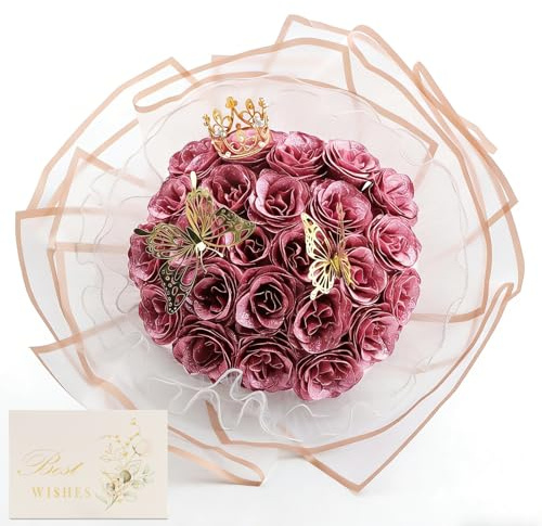 DRAKEWOOD Ramo de Rosas Brillantes con 24 Piezas Rosas Artificiales Rosadas Mariposa Corona y Tarjetas - Falsas Ramo de Flores Purpurina para San Valentín Compromiso Boda Aniversario día de la Madre