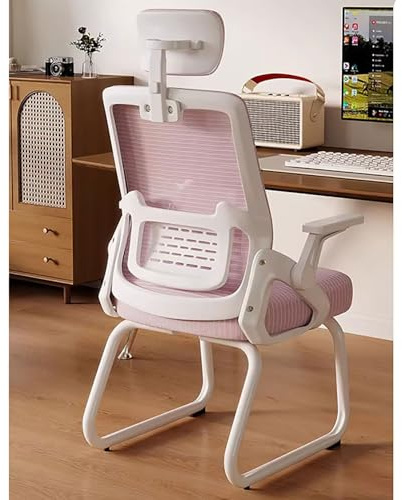 Ergonomisk kontorsstol i mesh Med slädeunderrede Besöksstol for kontor Med ryggstöd Lämplig for konferensrum, sovrum, väntrum och receptioner(Pink+white frame+headrest)