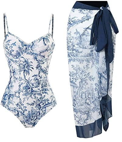 Bslingerie Women Modest Monokini One Piece Swimsuit with Matching Sarong Set Beach Cover Up 2 pcs Set (UK, Alpha, L, Regular, Regular, Standard, Blue Toile Pattern)