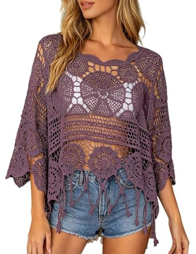Camiseta Cover up de Playa Mujer con Flecos y Encaje Boho Manga 3/4 Cuello Redondo Verano Bikini
