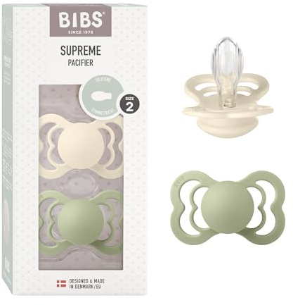 BIBS Supreme Dummies 2-Pack, BPA Free Dummy Pacifier, Silicone Symmetrical Nipple Soother, Size 2 (6-18 Months), Ivory/Sage