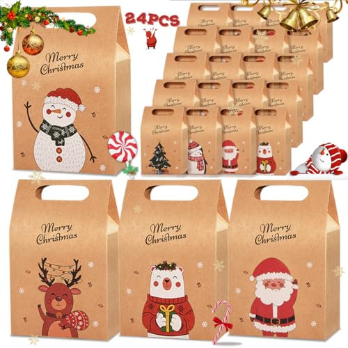 Gavbulie Geschenktüten Weihnachten, 24 Stück Weihnachtstüten, mit Griff, Papiertüten Geschenke Deko, zum Befüllen und Plätzchentüten, Kekstüten