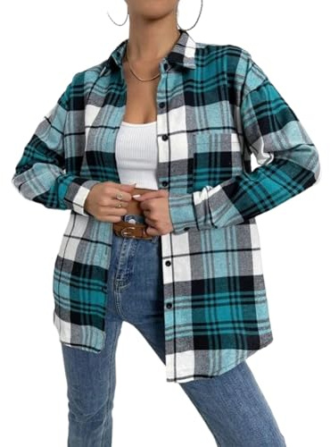 Blostirno Womens Plaid Button Down Shirts Flannel Long Sleeve Casual Shackets Dressy Loose Blouse Tops(Green XL)