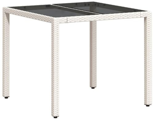 vidaXL Gartentisch mit Glasplatte, Esstisch mit Stahlrahmen, Beistelltisch für Garten Hinterhof Terrasse, Gartenmöbel, Weiß Poly Rattan
