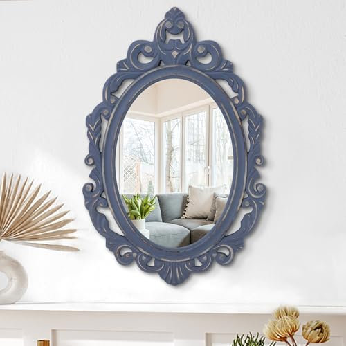 Lzuso Wooden Hanging Mirror Oval Carved Frame Wall Mirror Navy Blue Vintage Decorative Aesthetic Mirror for Bedroom Living Room Vanity Entryway Hallway Mirror 60x40 cm