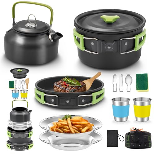 Oushome Camping Kochgeschirr,16Pcs Camping Geschirr Set 2 Personen, Tragbar Camping Kochset mit Camping Topf Pfanne Teekesselck Becher Teller, Campingkocher Set für Camping Outdoor Kochen