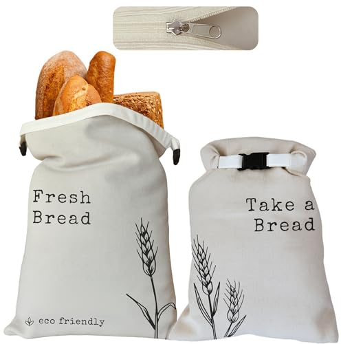 Bread Bags for Homemade Bread - 2 Pack XXL Cloth Bread Bags with Lining and Double Lock, Reusable Freezer Bags, Durable Bread Storage Bags, Reusable Gift Bags for sourdough