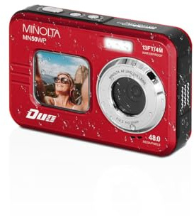 Minolta 48MP Underwater Digital Camera – 5K Ultra HD Video, Autofocus, 16x Digital Zoom, Dual LCD Screens, Selfie Front Screen, Waterproof to 13ft, Rechargeable Battery, 32GB Card (Red)