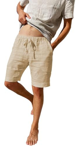 Tincini Shorts herr, linnebyxor, sommar, korta byxor, elastisk midja, linneshorts, bermudashorts, strandshorts, enfärgade, muslin, sommarshorts, En kaki, L