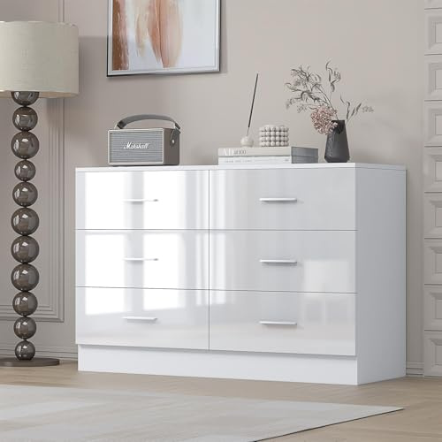 Reflect - Wide 6 Drawer Chest of Drawers for Bedroom (H: 75cm x W: 112cm x D: 40cm) (White Gloss/Matt White)