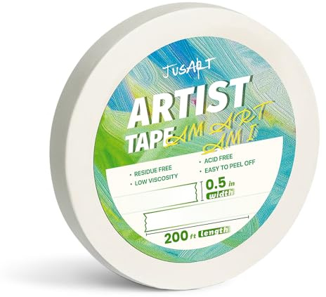 JusArt Künstlerklebeband für Aquarellpapier, 12,7 mm breit, 61 m lang, weißes Klebeband zum Abkleben, Zeichnen und Malen, säurefrei, schwach klebend