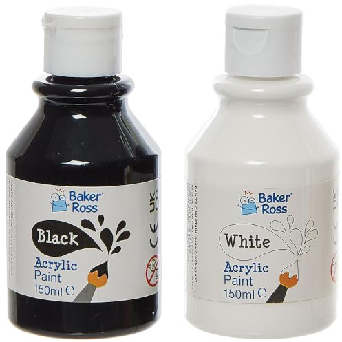 Baker Ross Black & White Acrylic Paint Pack 150ml - Pack of 4, Kids Paint