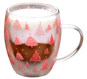 Watreketal Coppe Isolate A Doppia Parete con Maniglia per Le Vacanze in Casa Tazze Vetro Natale A Parete Doppia Tazze Espresso in Trasparente con Maniglia