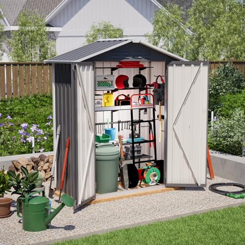 KOMHTOM 5 x 3 FT - Cobertizo de jardín de metal con base de metal, cabaña de jardín al aire libre con cerradura, almacenamiento de herramientas de Jardi (gris-5 x 3 FT)