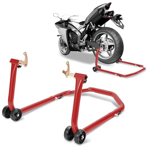 Peviasot - Supporto per moto, sollevatore posteriore con doppie ruote, larghezza regolabile, adatto per lavori di montaggio per moto fino a 300 kg, stabilità (Rosso)
