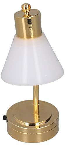 Hamwesh Lampe de Table pour Maison de Poupée, Fonctionnelle à l'échelle 1/12, Base Dorée, Abat-Jour Blanc, Lampe Miniature pour Maison de Poupée, LED pour de avec Pile Bouton CR1632 pour Salon,