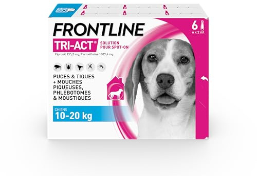 FRONTLINE Tri-Act Chien - Anti Puces, Tiques, Moustiques, Phlébotomes & Mouches - Traitement Radical En 6h - Pour Chien Moyen De 10 à 20 kg - Fabriqué En France - 6 Pipettes Application Spot On