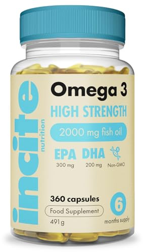 Incite Nutrition Omega 3 Fish Oil Capsules 2000 mg. 360 Softgels. 6 Month Supply of High Strength Omega 3 Fatty Acids with EPA & DHA. Non-GMO, UK Made, No Fishy Aftertaste