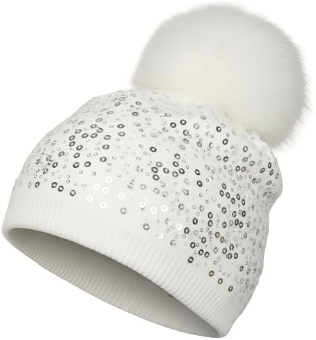 styleBREAKER Bonnet à Pompon et à Mailles Fines, Paillettes et Pompon en Fausse Fourrure Amovible, Bonnet à Pompon, Femme 04024134, Couleur:Blanc