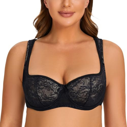 MELENECA Women's Balconette Bra with Padded Strap Half Cup Underwire Sexy Lace Black 44B