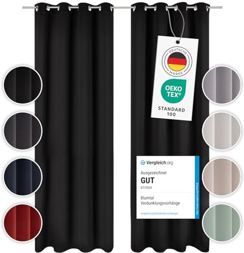 Blumtal Verdunklungsvorhänge 2er Set - Thermovorhang Hitzeschutz - Vorhang Blickdicht mit Ösen - Gardinenschals mit Schlaufen - Lärmschutzvorhang - Gardinen 138x117cm Fenster - Schwarz