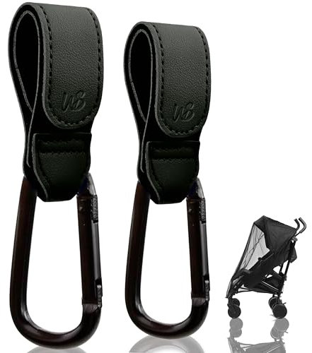 WS WorlsTrend Kinderwagenhaken aus Kunstleder - Haken für Kinderwagen oder Buggy zum Aufhängen von Taschen - Verstellbares Universal - Moskitonetz - 2 Haken + Moskitonetz.