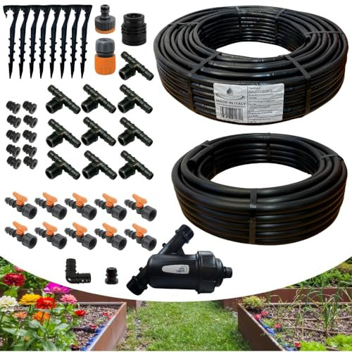 acquaverde | Kit Irrigazione a Goccia Orto da 100 mq con Ala Gocciolante 2 l/h passo 40 cm, Impianto Completo di Raccordi e Filtro, Sistema Irriguo ideale anche per Piante e Giardino – MADE IN ITALY