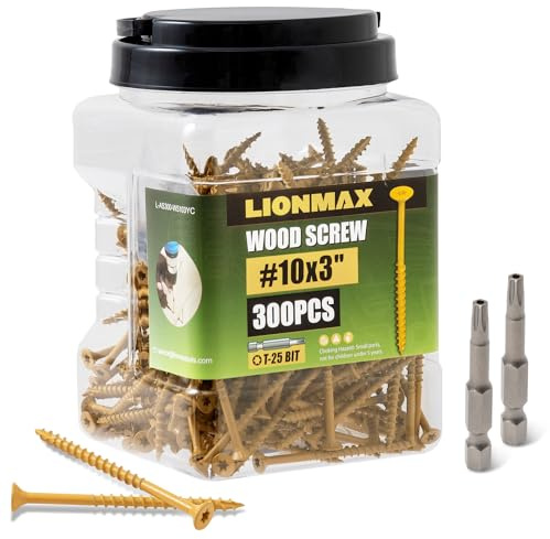 LIONMAX Deck Screws 3 Inch, 300 PCS, 10 x 3 Wood Screws, Rust Resistant, Exterior Epoxy Coated, Outdoor Decking Screws, Torx/Star Drive Head Deck Screw, T25 Star Bit Included, Tan