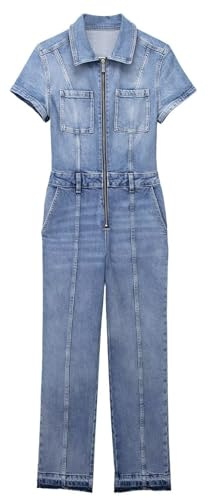 Mono de Mezclilla con Cremallera de Manga Corta para Mujer Mono de Mezclilla Recto de Ajuste elástico,Azul,S