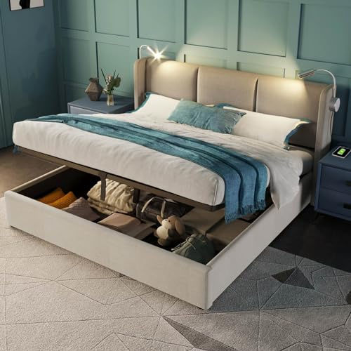 KOMHTOM Lit Double Rembourré Lit Coffre avec Lampe Cadre de Lit Plateform avec Sommier à Lattes en Bois Modernité Chambres à Coucher(sans Matelas) (Beige-Linen, 160x200CM)