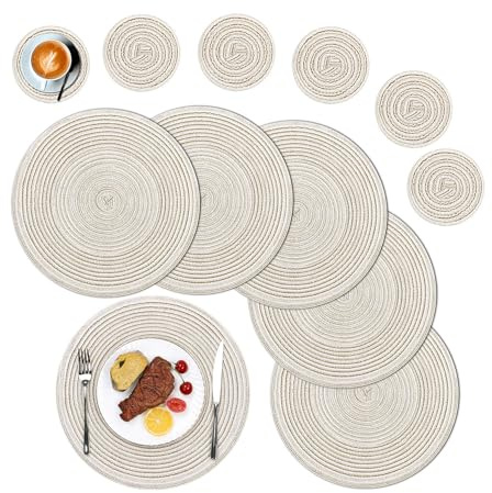 SHACOS Round Placemats and Coasters Set of 6, Round Braided Woven Place Mats Washable Table Mats and Coasters Sets Heat Resistant Table Mats for Kitchen Dining Table Home Restaurant, Cream