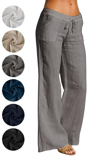 Puimentiua Sommerhose Damen Leicht,Sommer Weiß Leinenhose,High Waist Palazzo Hose,Luftig Elegant Stoffhose,Women Wide Leg Linen Pants,Lockere Schlaghose mit Weite Bein und Tunnelzug (Grau,S)