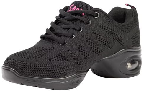 Asyusyu Black Jazz Shoes for Women Meshed Breathable Dance Sneakers Jazz Trainers with Air Cushion-5 UK