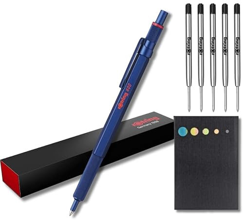rOtring 600 Ballpoint Pen Set | Medium Point | Black Ink | Blue Barrel with Non-Slip Knurled Grip |+ 5 Black Refills (M) + Sticky Notes