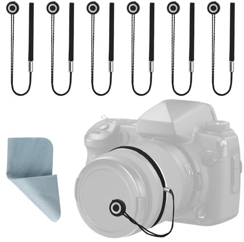 Lunhoo 6Pcs Lens Cap Keeper, Camera Lens Cap Leash with Cleaning Cloth, Lens Cap Tether for Universal DSLR SLR Evil Mirrorless Cameras and Camcorders