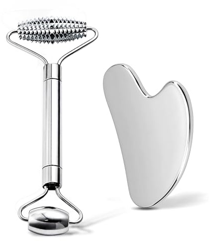 erdnretl Gua Sha & Face Roller, Stainless Steel Gua Sha Facial Tools for Face, Eyes, Chin & Jawline Sculpting, Body Gua Sha Tools with Pouch