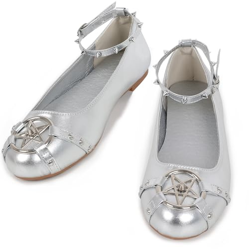 Gothniero Womens Ballet Flats Pumps Silver Cute Dressy Comfortable Flats with Studs and Adjustable Strap Slip on Round Toe Shoes for Women 3UK-UK8