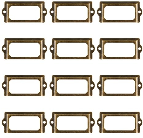 Lotsdonxia 12 Pcs Antique Bronze Label Holders with Screws - Vintage Metal Tag Frames for Drawers, Cabinets & Storage Boxes, Iron Card Holders