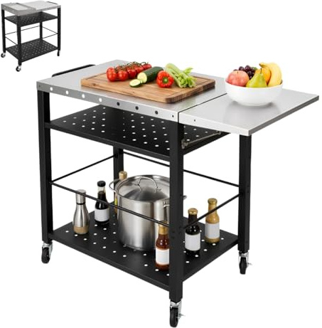 Carro de barbacoa con 4 estantes, mesa auxiliar plegable y 4 ruedas, mesa auxiliar, carrito de jardín, exterior, 80 x 50 x 83 cm