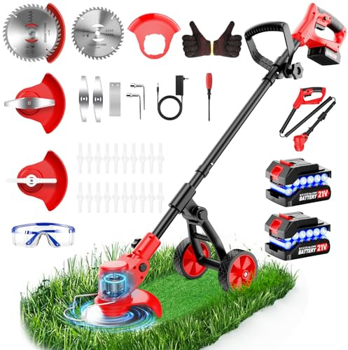 4 in 1 Decespugliatore a Batteria, 21V Tagliaerba a Batteria con 2 Batterie da 2.0AH,Tagliaerba Elettrico con Ruote Rimovibili,4 Tipi di Lamelle per Taglio Di Giardini, Prati,Arbusti