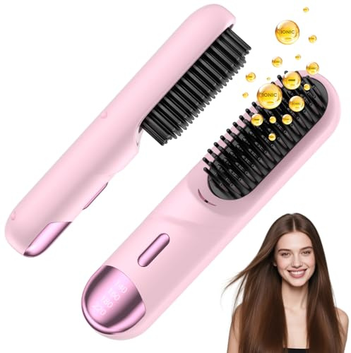 Go Brush Pro for Short Hair 2026 Hair Straightener Brush 300M Negative Ions, Portable Mini Hair Straightening Comb for Women with 4 Temps Fast Heating Smooth Frizz Hair Travel Gift Pink