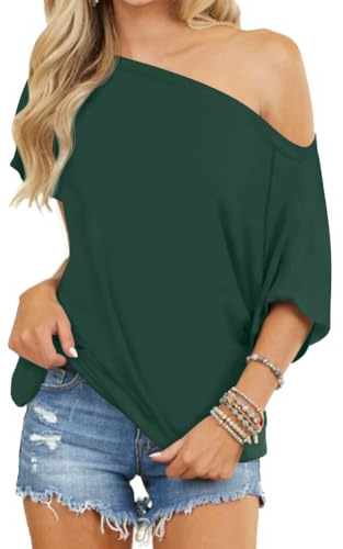 EZBELLE Off The Shoulder Tops for Women Summer Short Sleeve Oversized Shirt | Sexy Batwing Tunic Top Going Out Clothes, Asymmetrical Batwing Shirts, Slouchy Beach Top, Bardot Style Tshirt, Loose Fit Tops