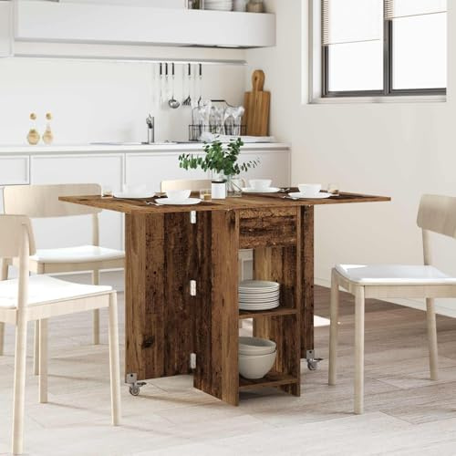 toolkix matbord 115 x 70 x 75 cm, träbaserade material gammalt trä med vikbar bordsskiva och hyllor, utdragbart, högervinklad, mobil, tippsäkert för matsal kök vardagsrum